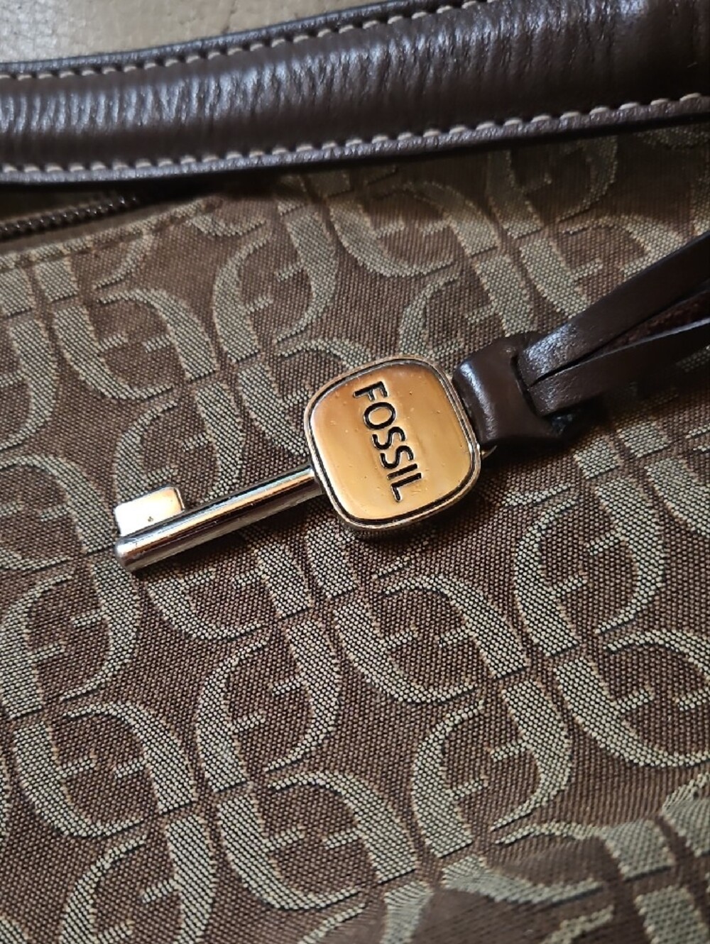 Fossil Brown Logo Jacquard Shoulder Bag with Dark Brown Trim - Picture 2 of 10